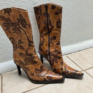 Andrew Stevens Tan Floral Embossed Leather Mid-Calf Heeled Boots